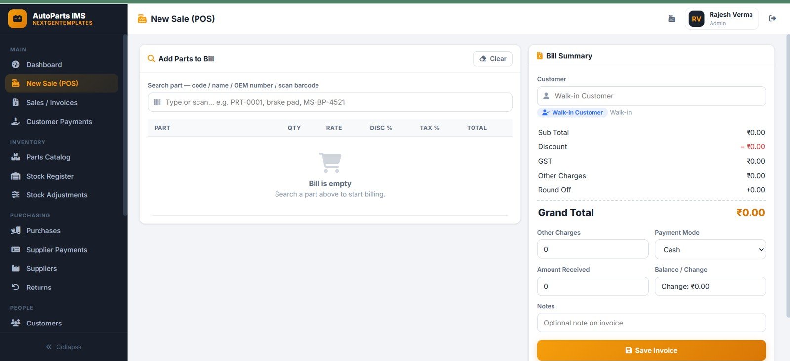 Auto parts New Sale POS page with billing items totals and payment collection