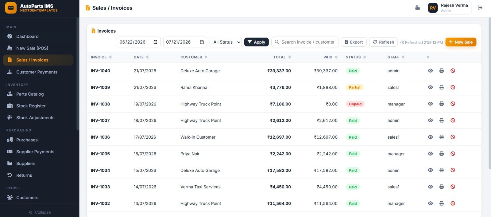 Auto parts sales and invoices page with invoice date customer status and totals