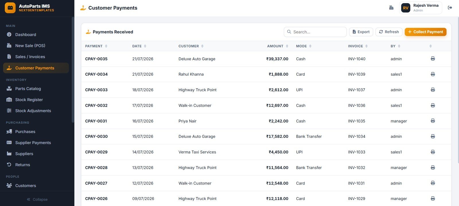 Auto parts customer payments page with customer invoice amount mode and staff records