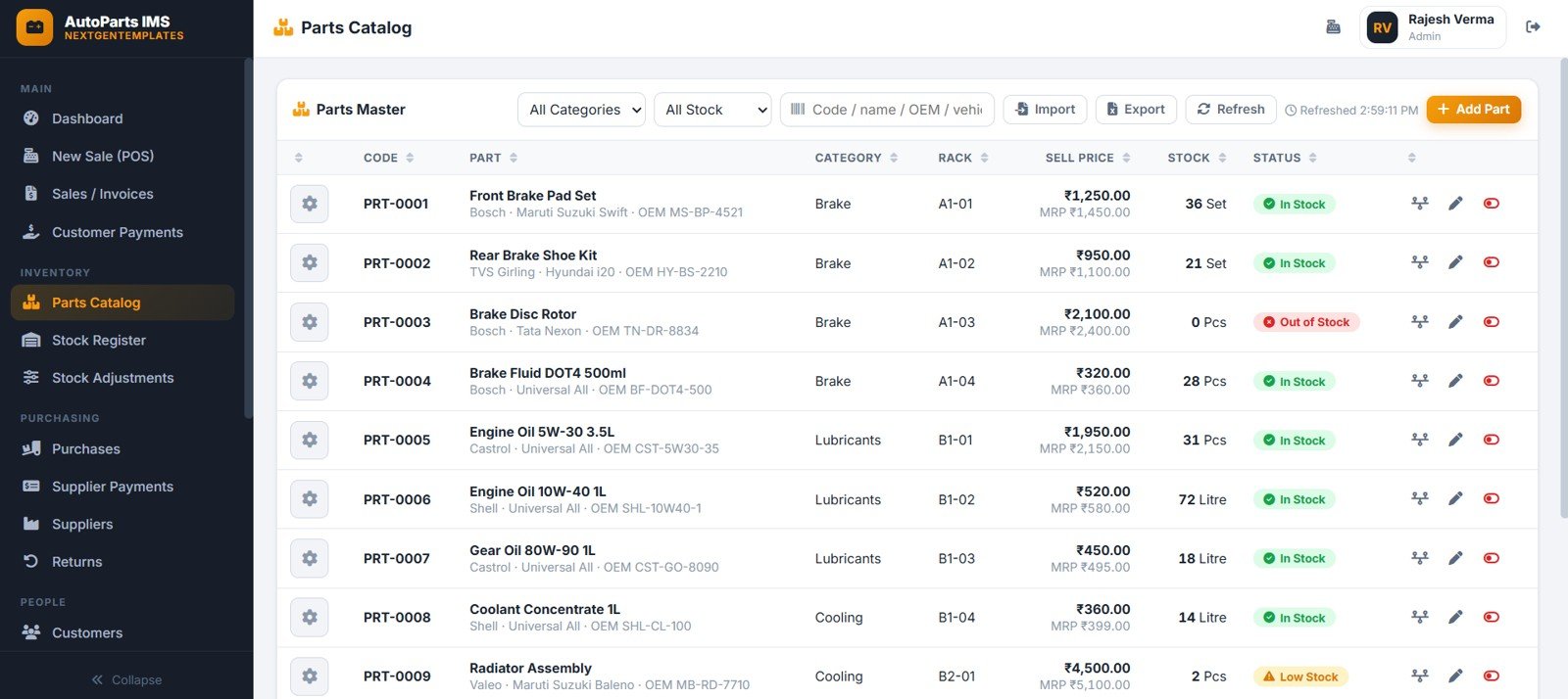 Auto parts catalog page with part code name category rack location sell price and stock status