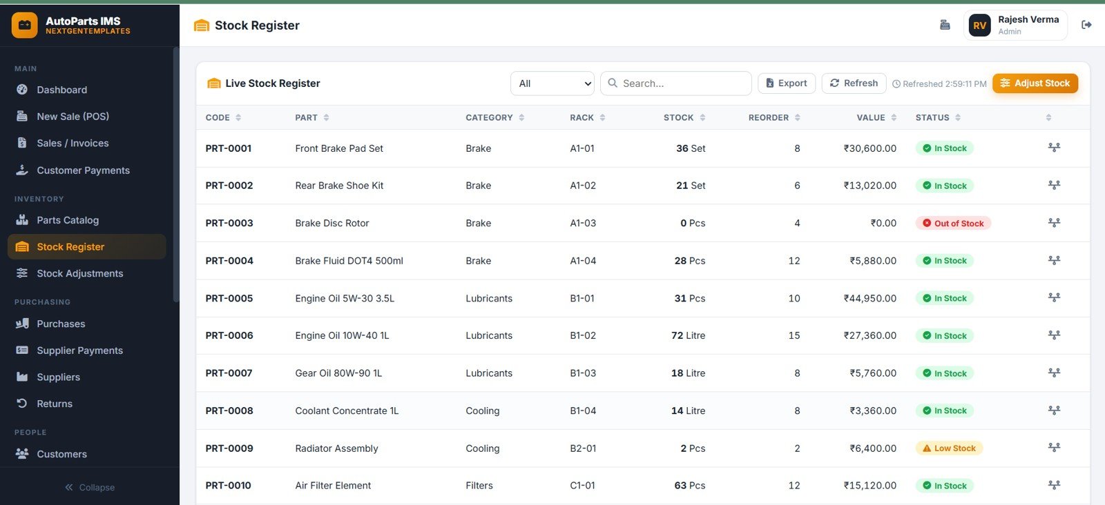 Auto parts stock register with live stock inventory value reorder level status and rack location
