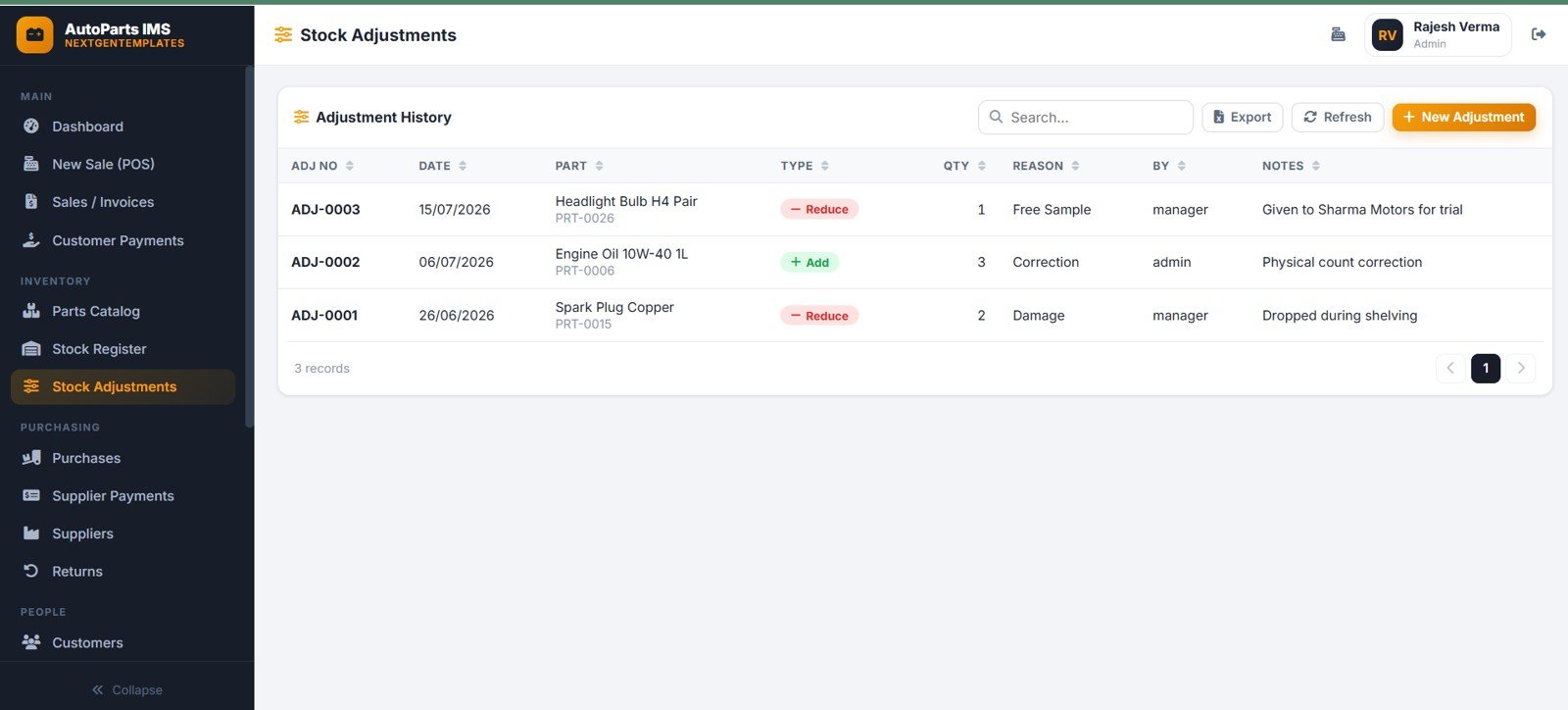 Auto parts stock adjustments page with quantity type reason date staff and notes