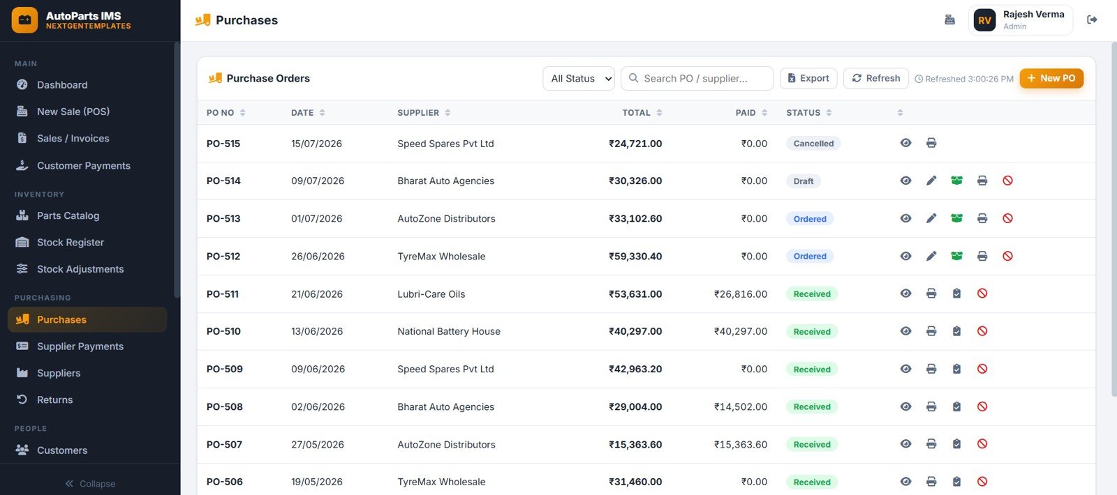 Auto parts purchases page with supplier purchase order total paid amount and status