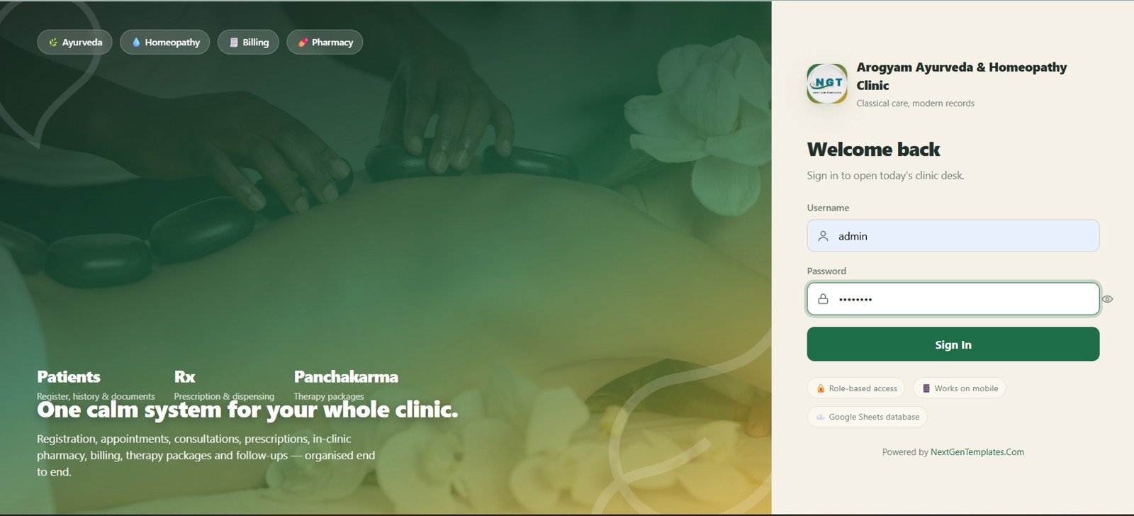 Ayurvedic Or Homeopathy Clinic Management System Web App login page screenshot