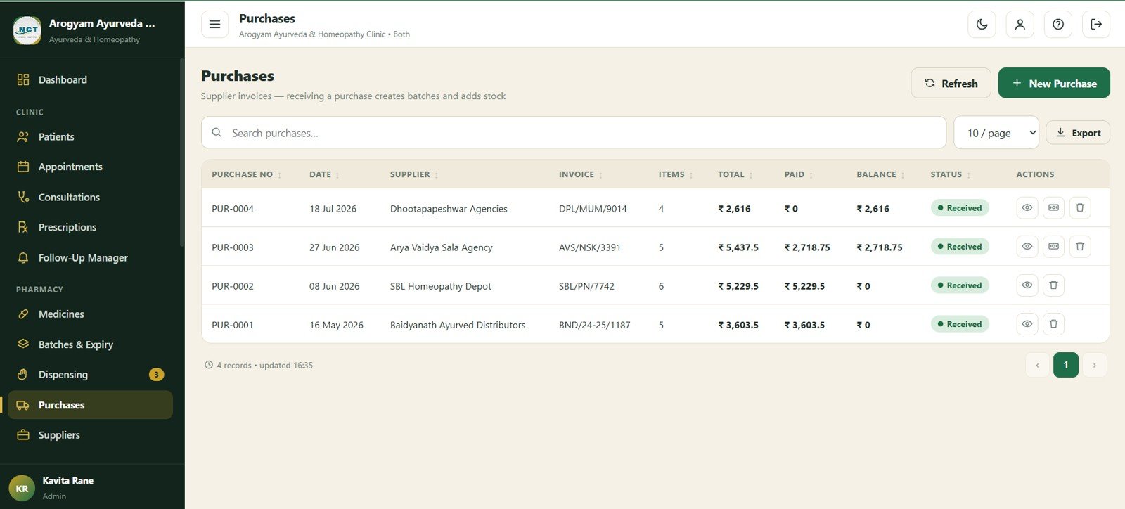 Purchases screen in Ayurvedic Or Homeopathy Clinic Management System Web App