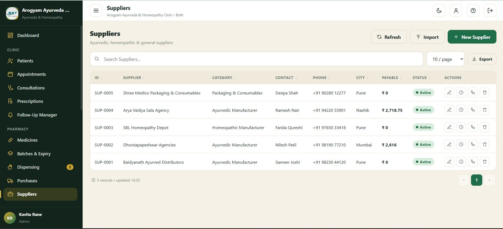 Suppliers screen in Ayurvedic Or Homeopathy Clinic Management System Web App