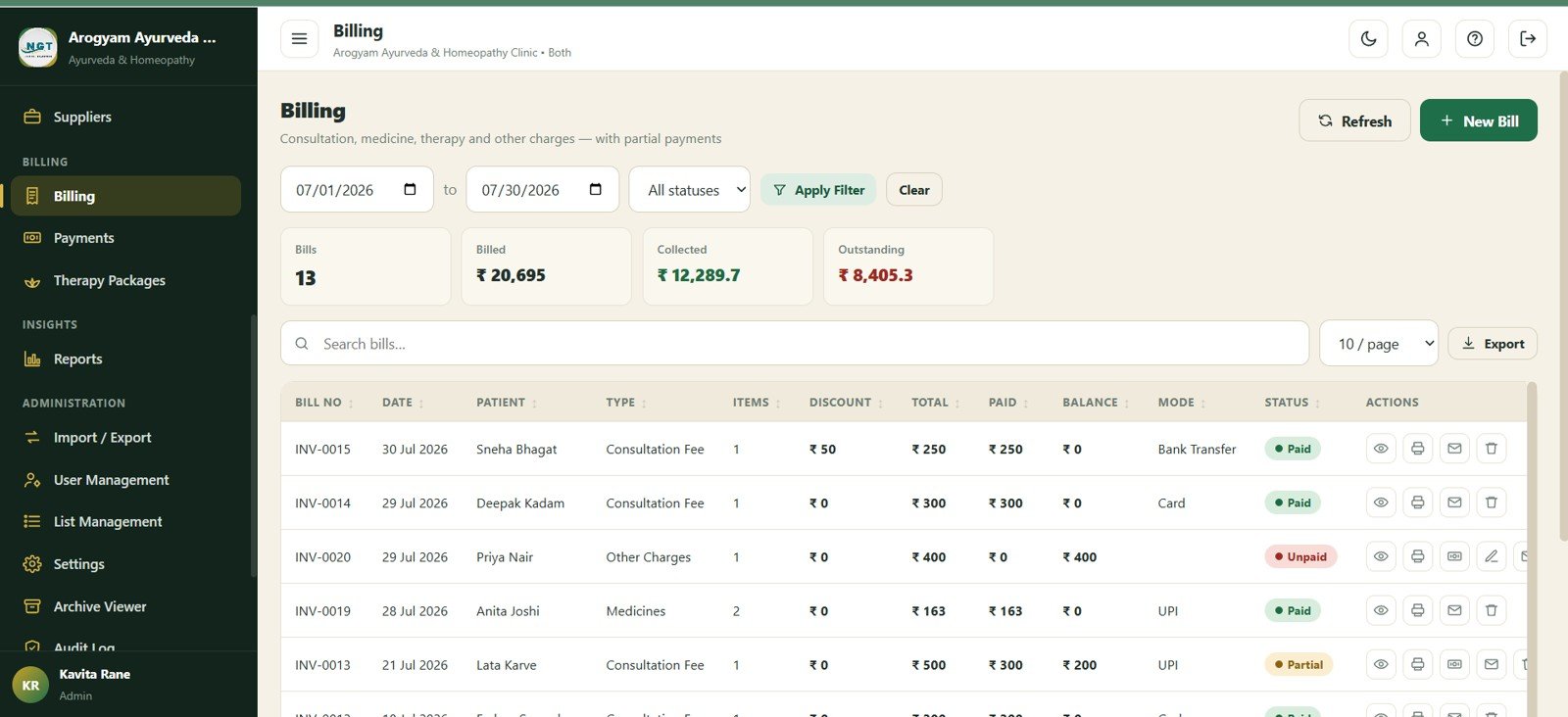 Billing screen in Ayurvedic Or Homeopathy Clinic Management System Web App