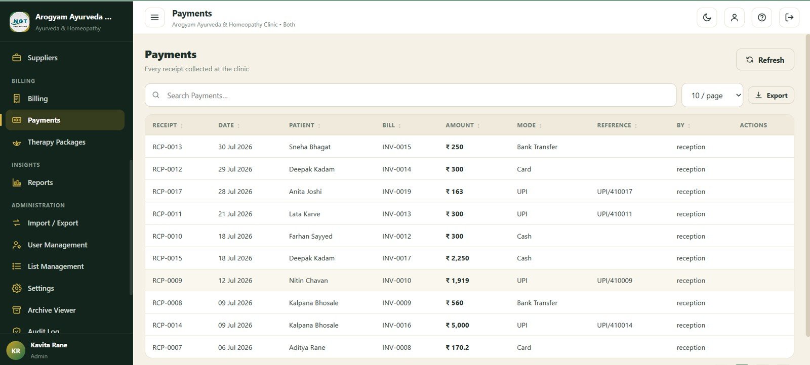 Payments screen in Ayurvedic Or Homeopathy Clinic Management System Web App