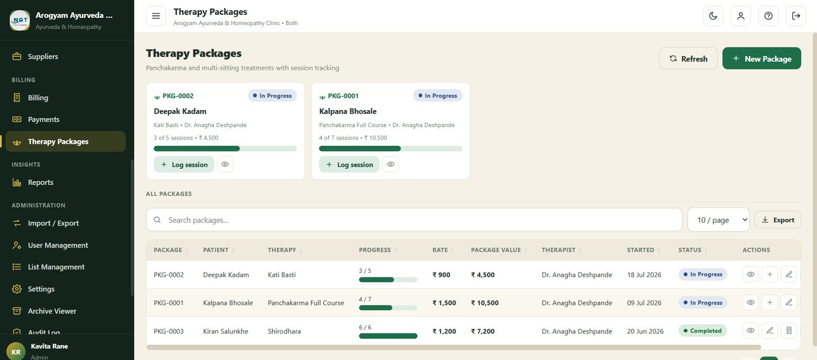 Therapy Packages screen in Ayurvedic Or Homeopathy Clinic Management System Web App
