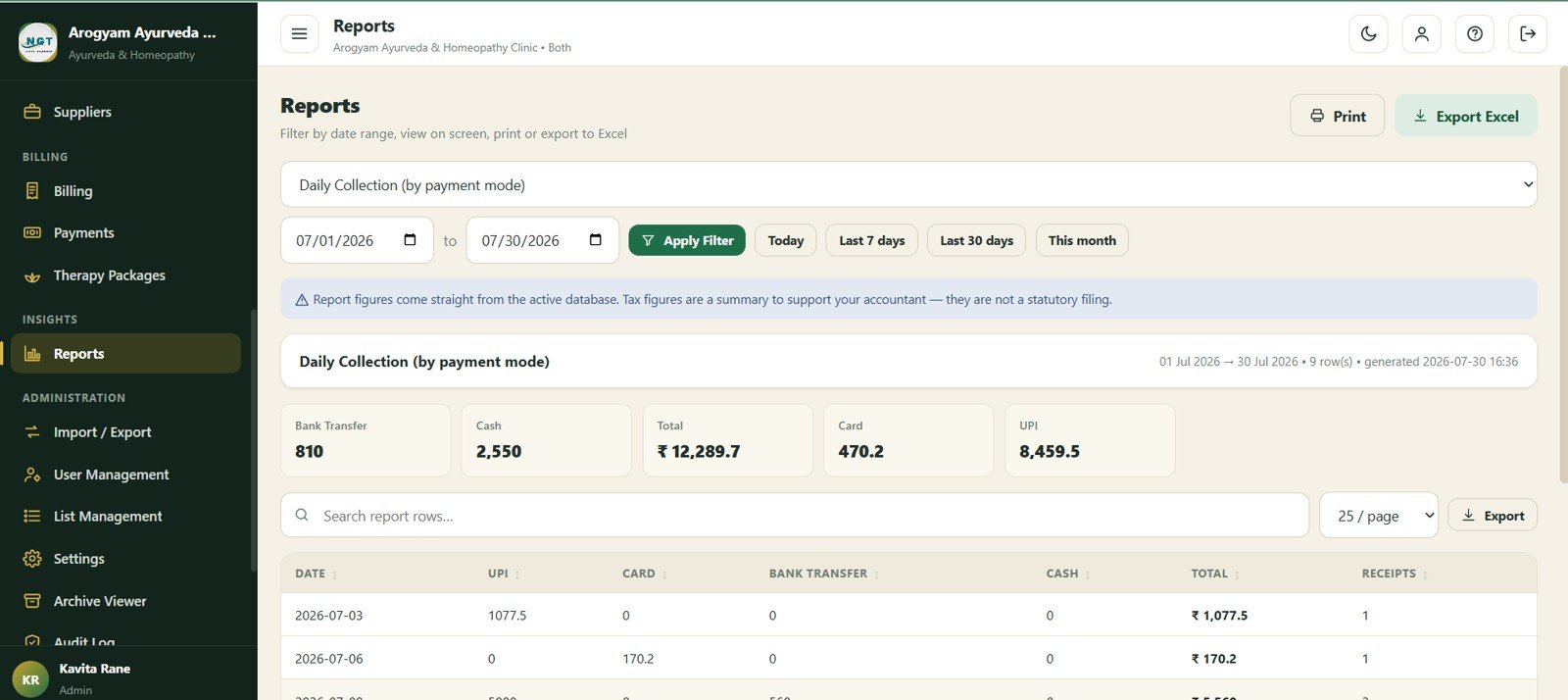 Reports screen in Ayurvedic Or Homeopathy Clinic Management System Web App