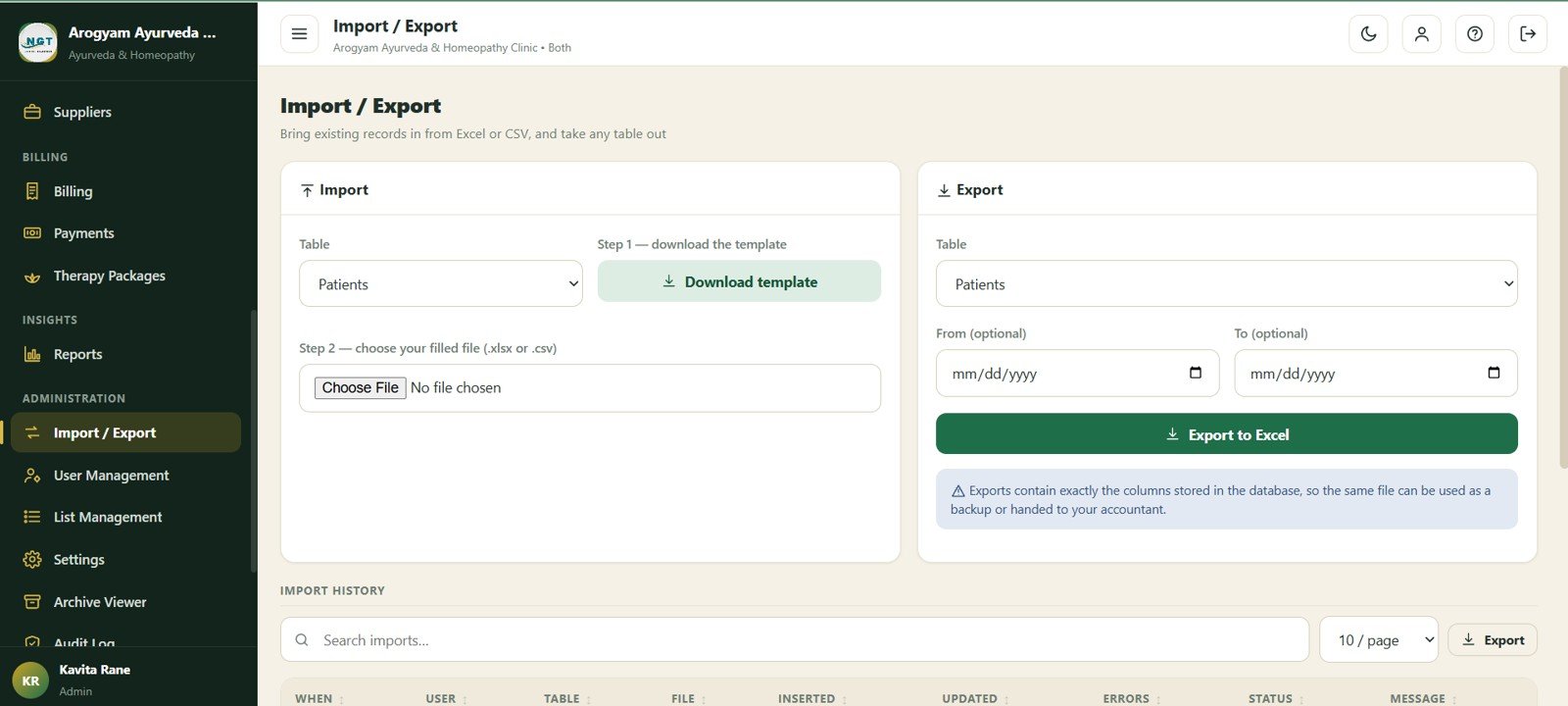 Import and Export screen in Ayurvedic Or Homeopathy Clinic Management System Web App