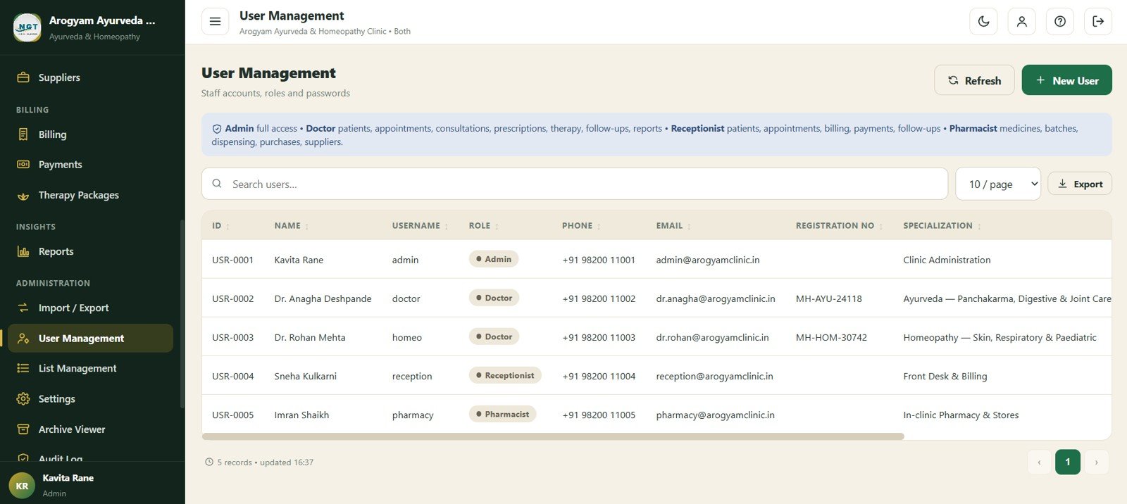 User Management screen in Ayurvedic Or Homeopathy Clinic Management System Web App