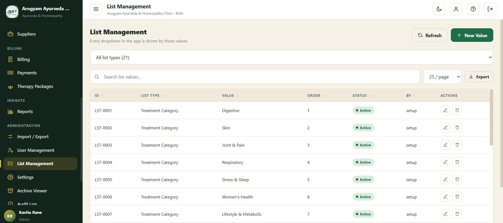 List Management screen in Ayurvedic Or Homeopathy Clinic Management System Web App