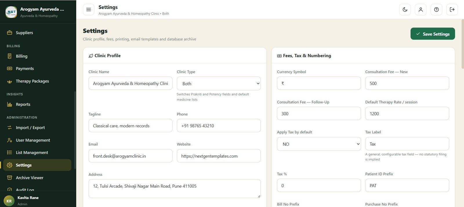Settings screen in Ayurvedic Or Homeopathy Clinic Management System Web App