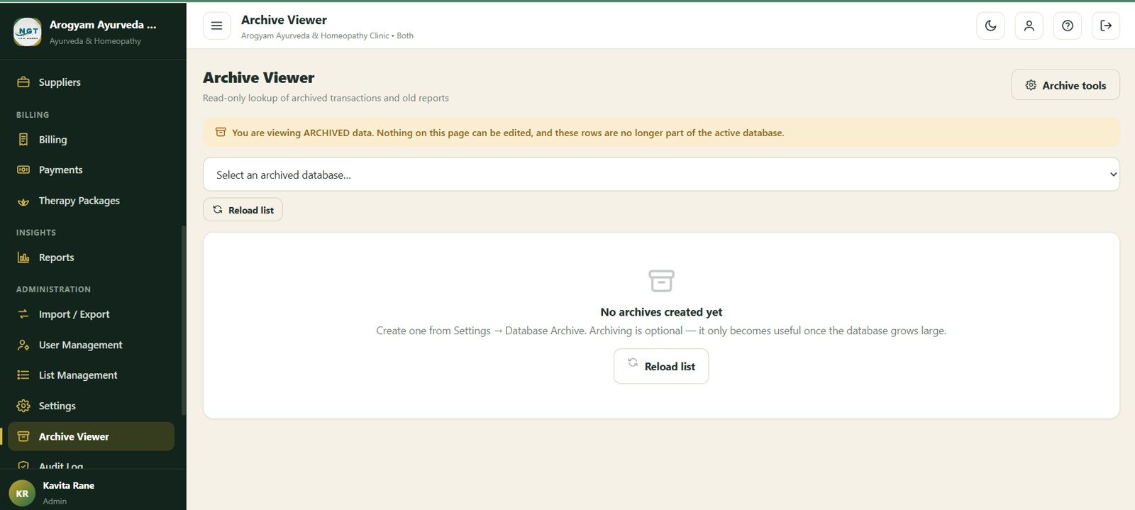 Archive Viewer screen in Ayurvedic Or Homeopathy Clinic Management System Web App