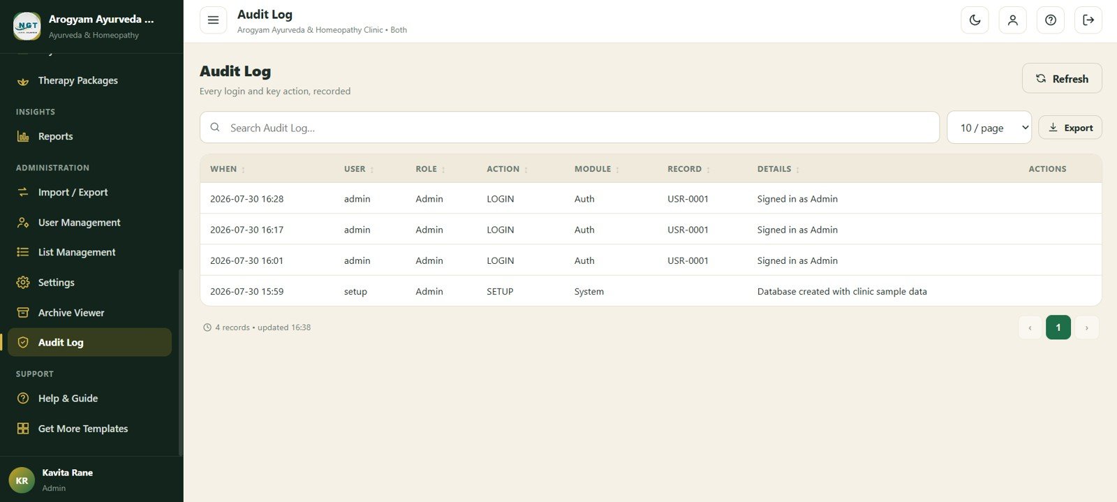 Audit Log screen in Ayurvedic Or Homeopathy Clinic Management System Web App