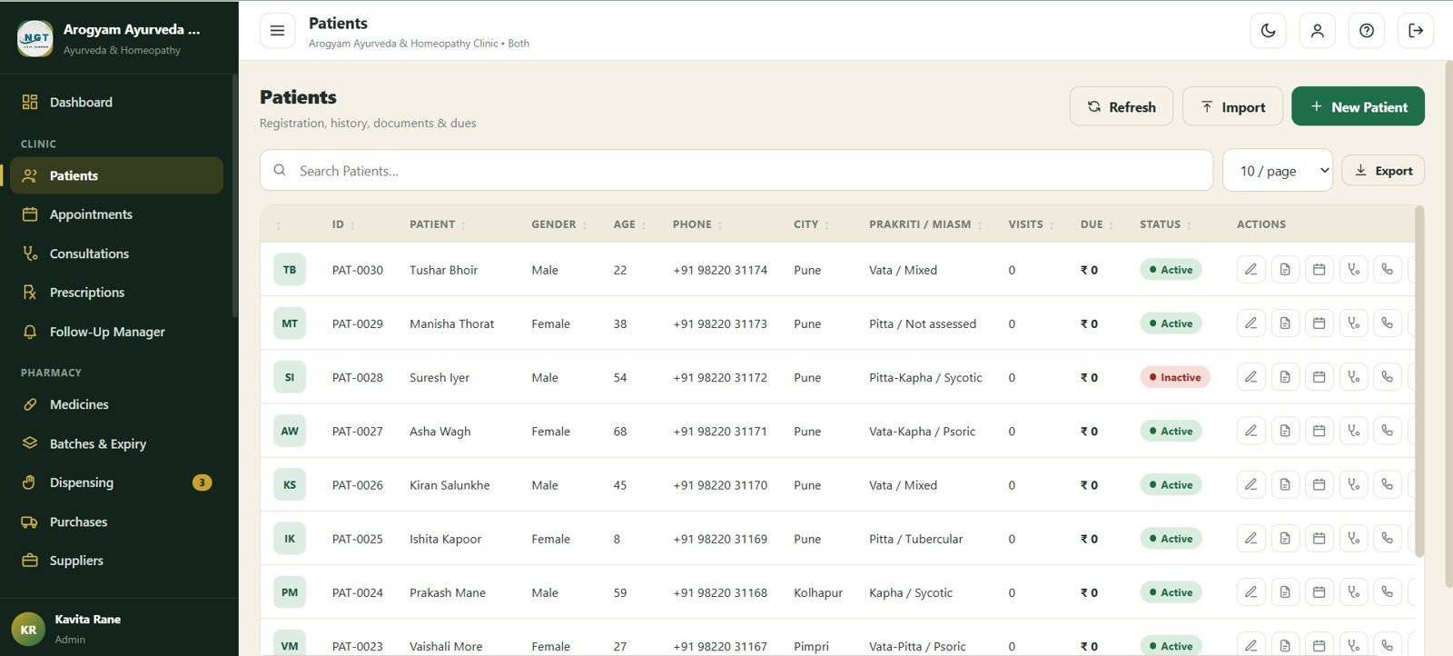 Patients screen in Ayurvedic Or Homeopathy Clinic Management System Web App