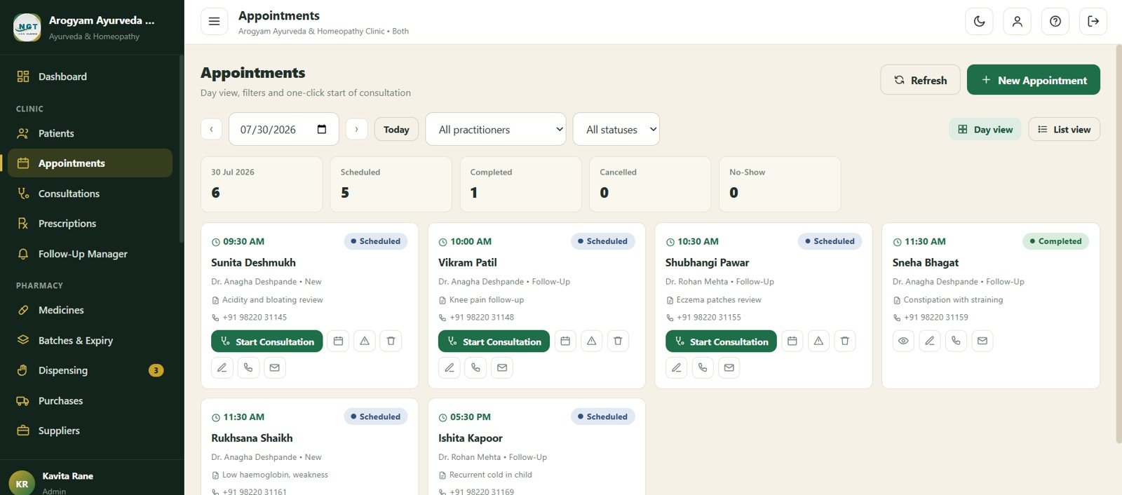 Appointments screen in Ayurvedic Or Homeopathy Clinic Management System Web App