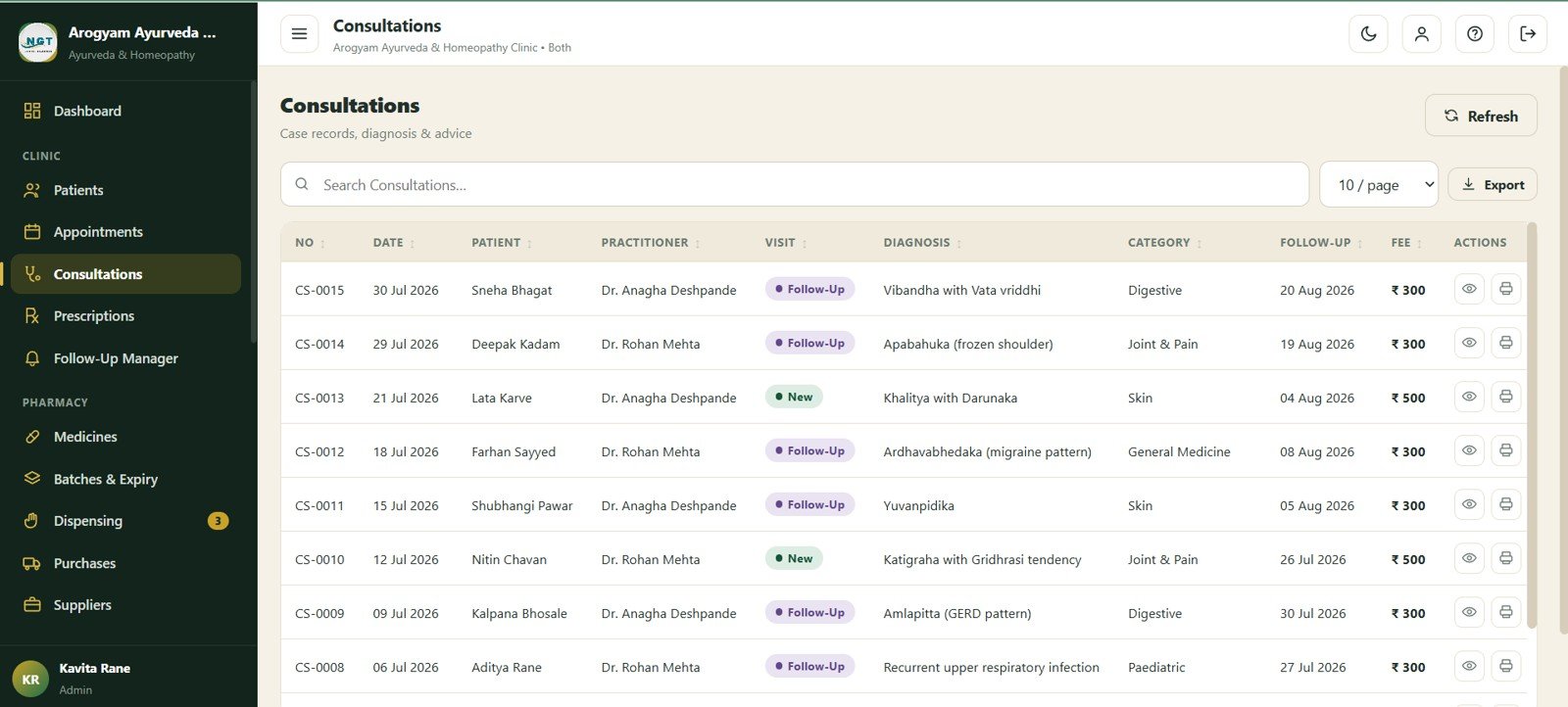 Consultations screen in Ayurvedic Or Homeopathy Clinic Management System Web App
