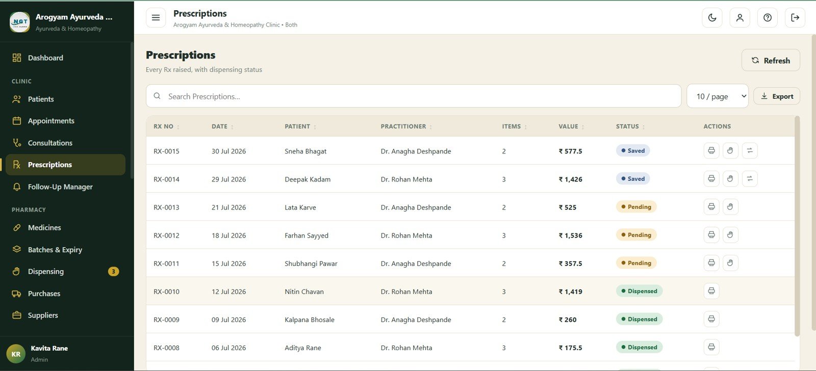 Prescriptions screen in Ayurvedic Or Homeopathy Clinic Management System Web App