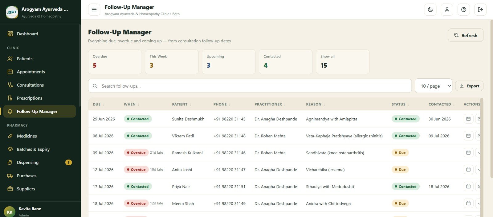 Follow-Up Manager screen in Ayurvedic Or Homeopathy Clinic Management System Web App
