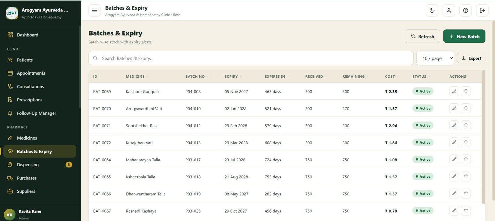 Batches and Expiry screen in Ayurvedic Or Homeopathy Clinic Management System Web App