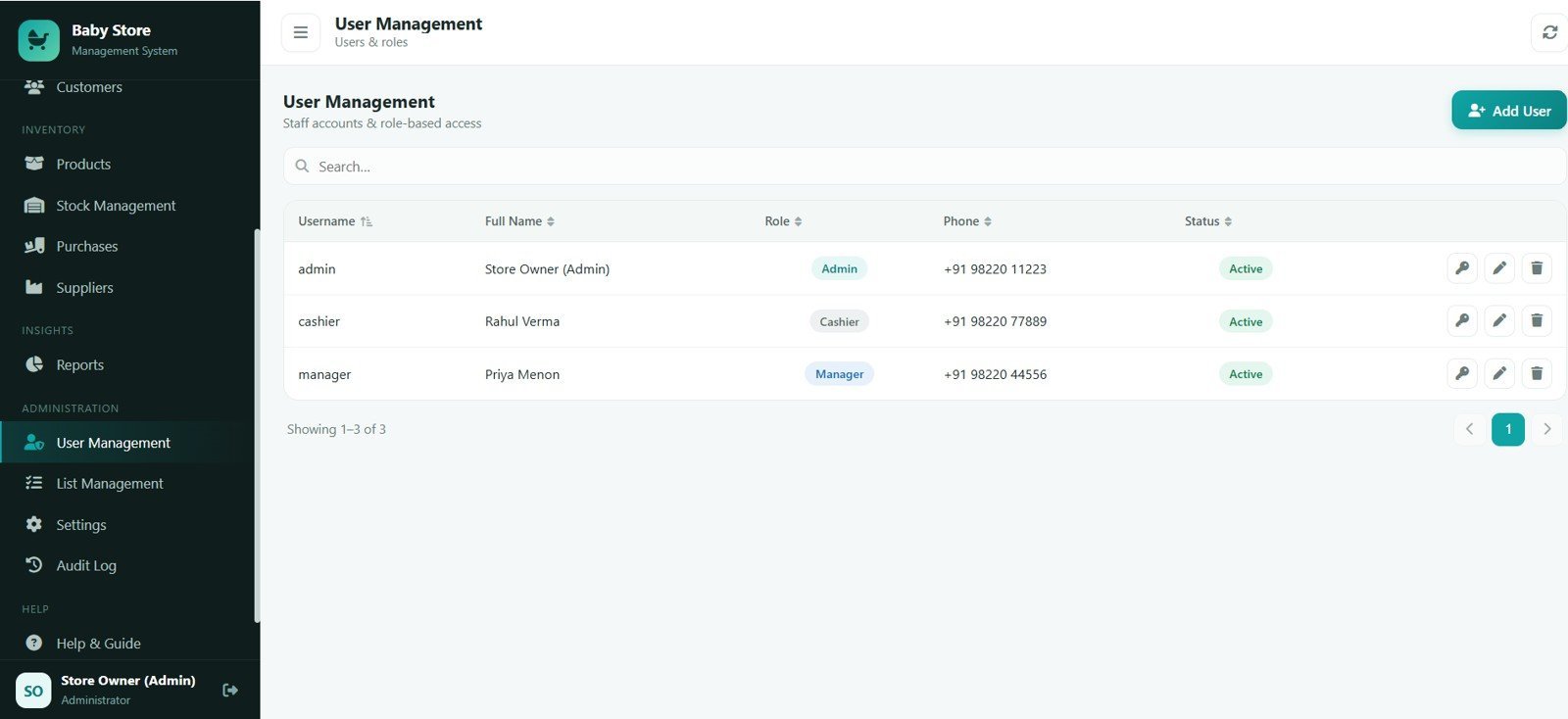 Baby Products Store Management System - User Management