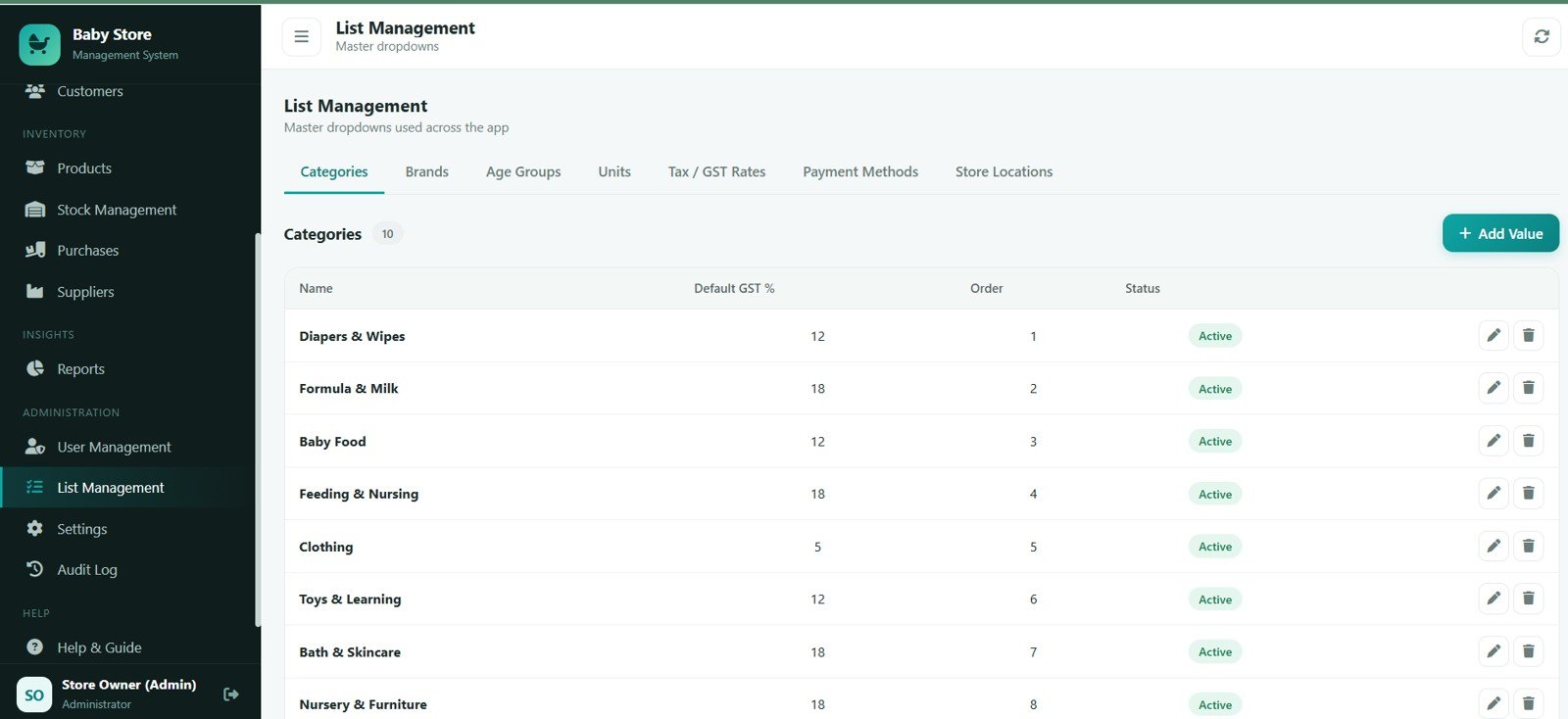 Baby Products Store Management System - List Management