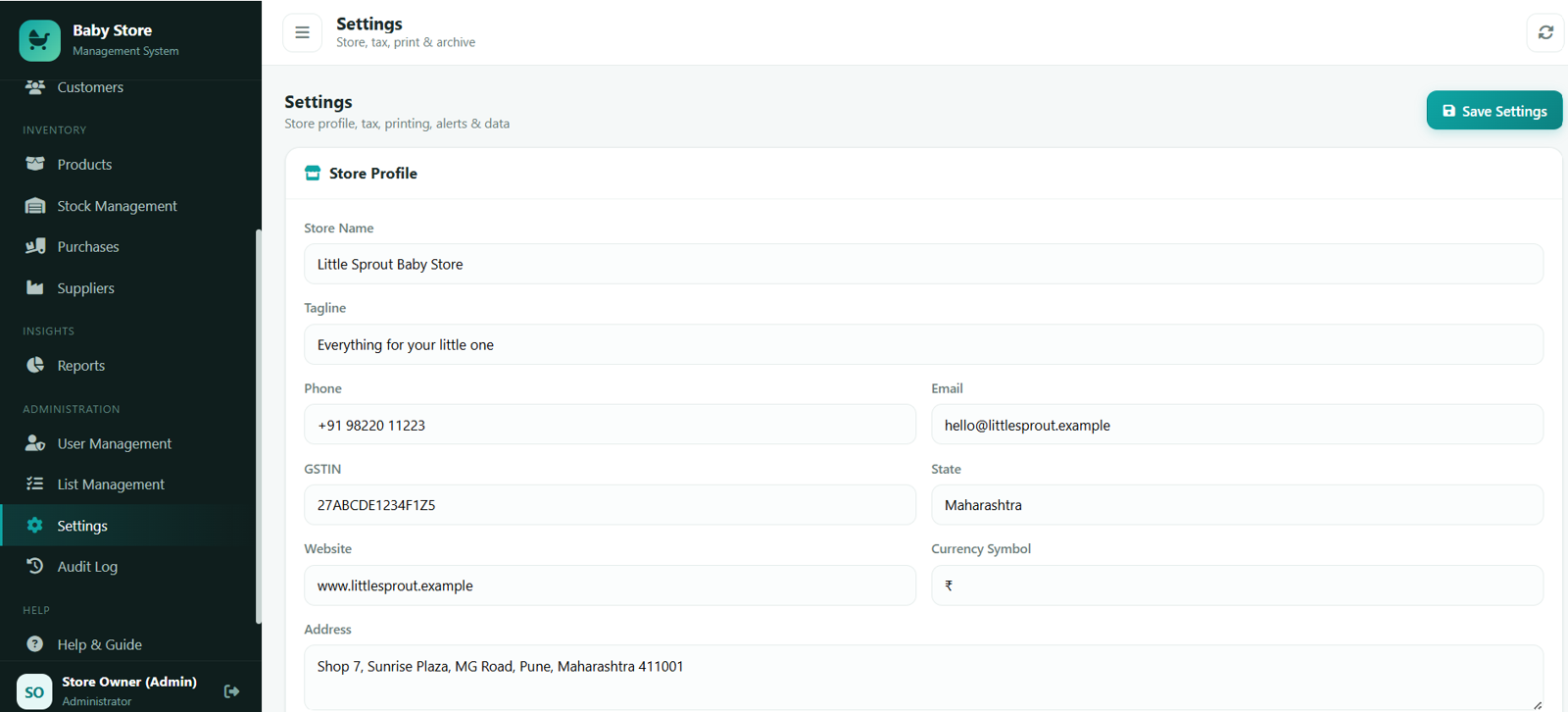 Baby Products Store Management System - Settings