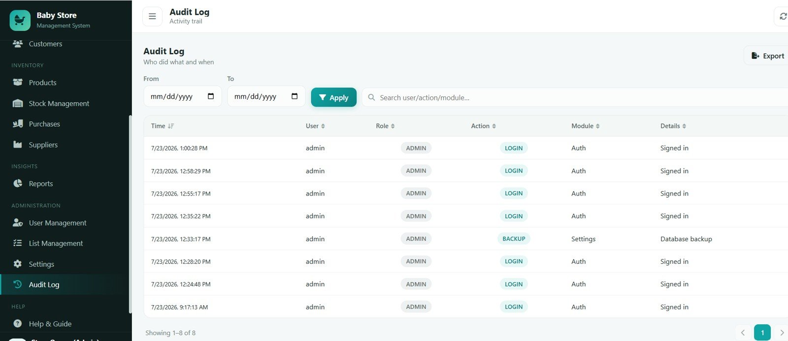 Baby Products Store Management System - Audit Log