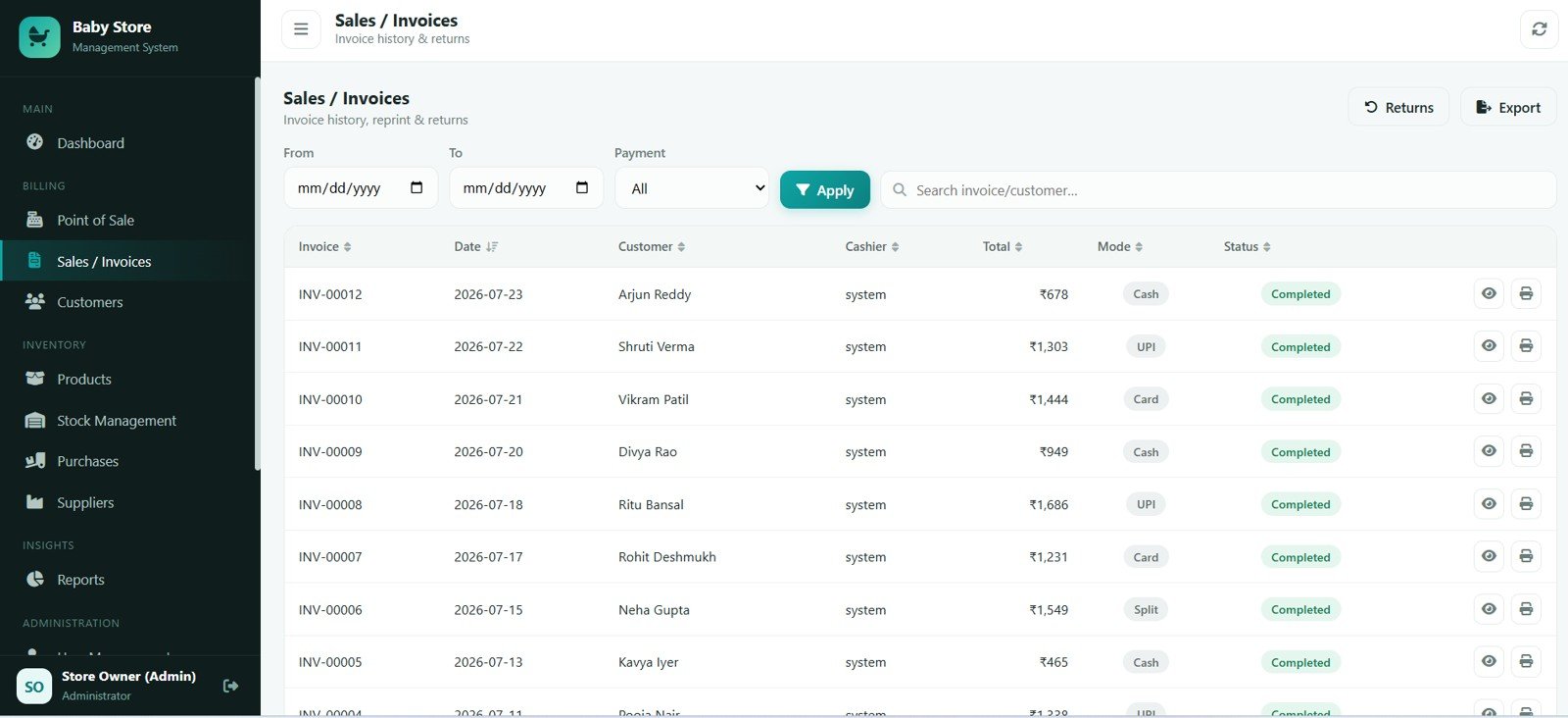 Baby Products Store Management System - Sales and Invoices