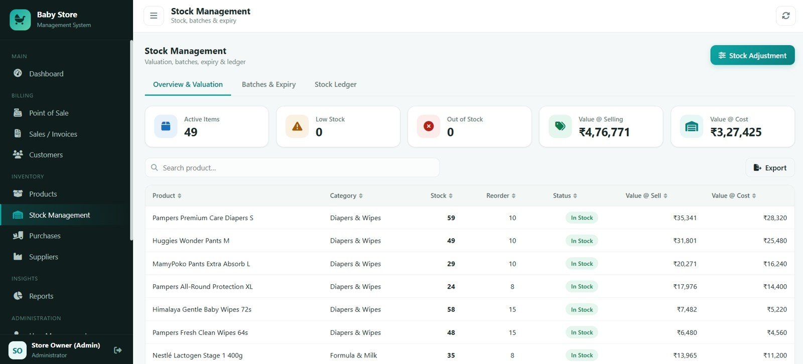 Baby Products Store Management System - Stock Management