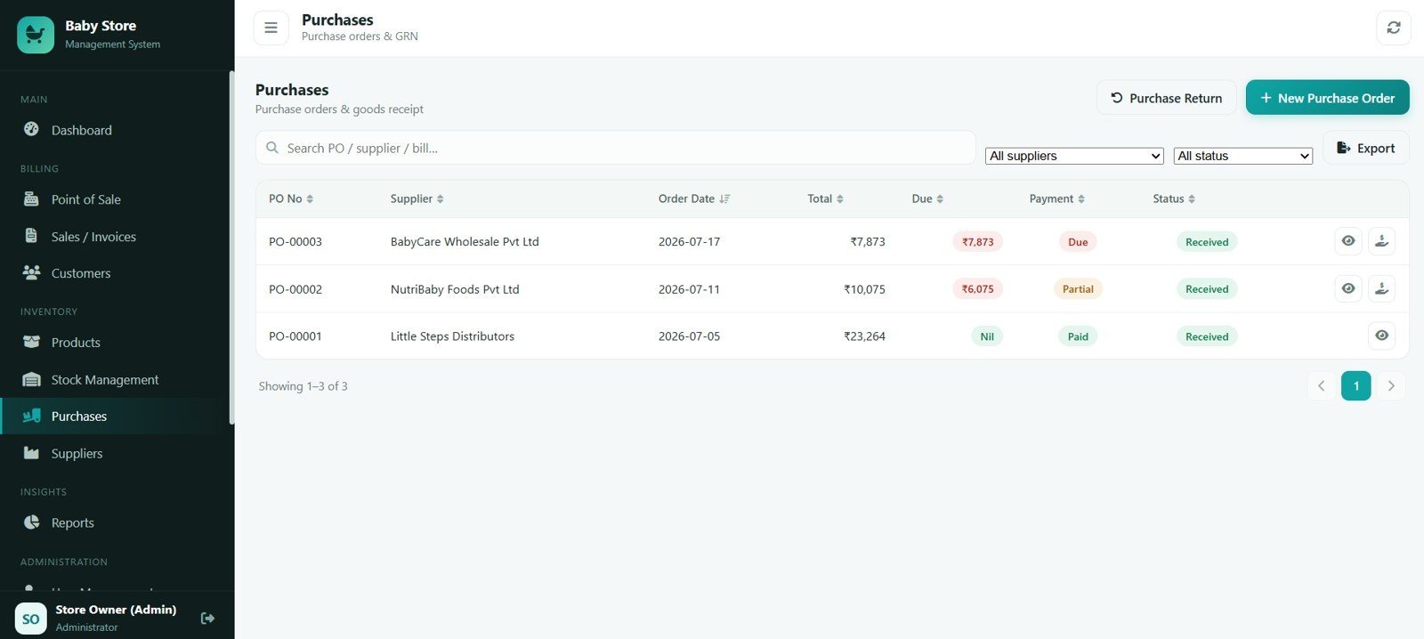 Baby Products Store Management System - Purchases