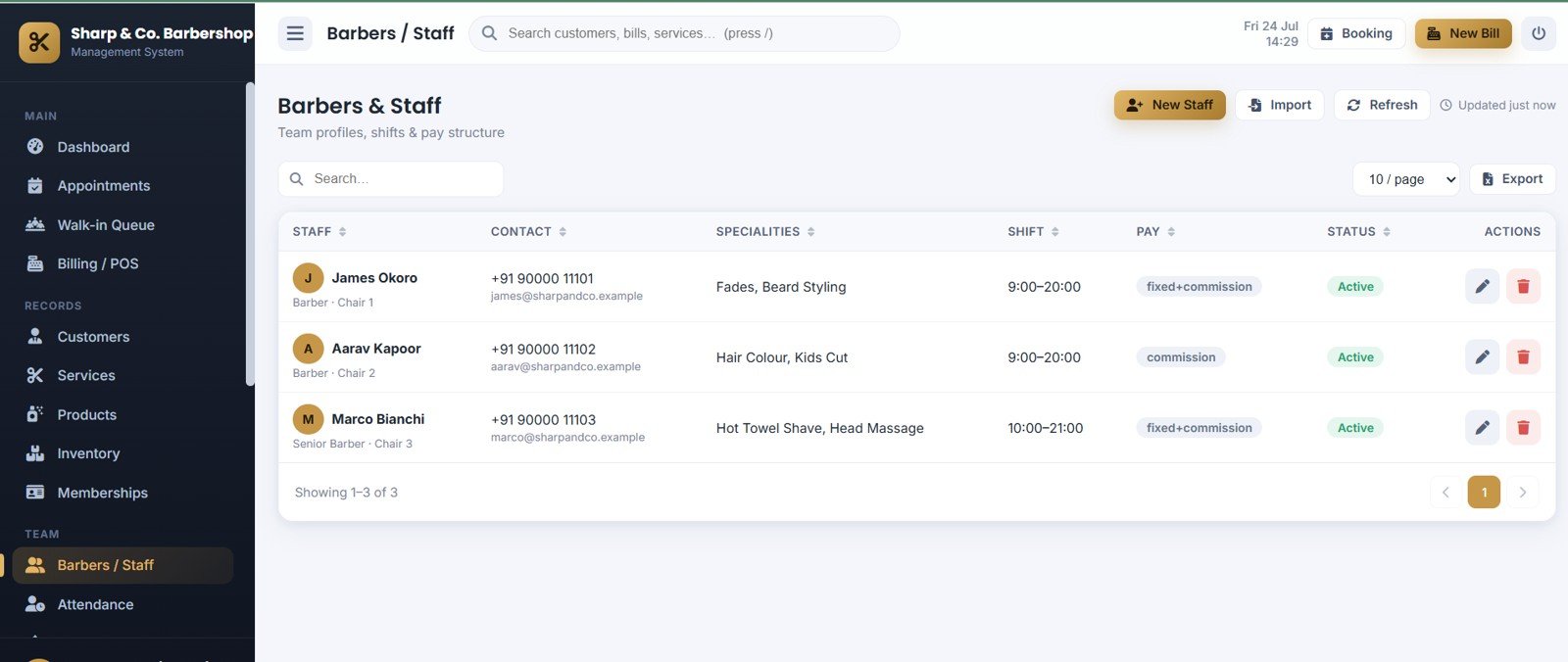 Barbershop Management System Web App - Barbers and Staff