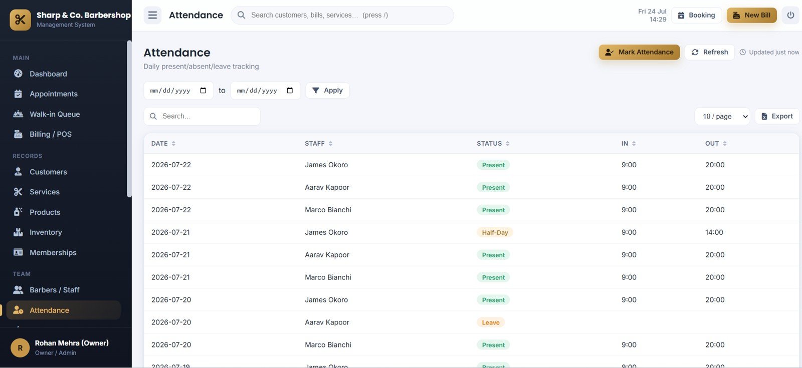 Barbershop Management System Web App - Attendance