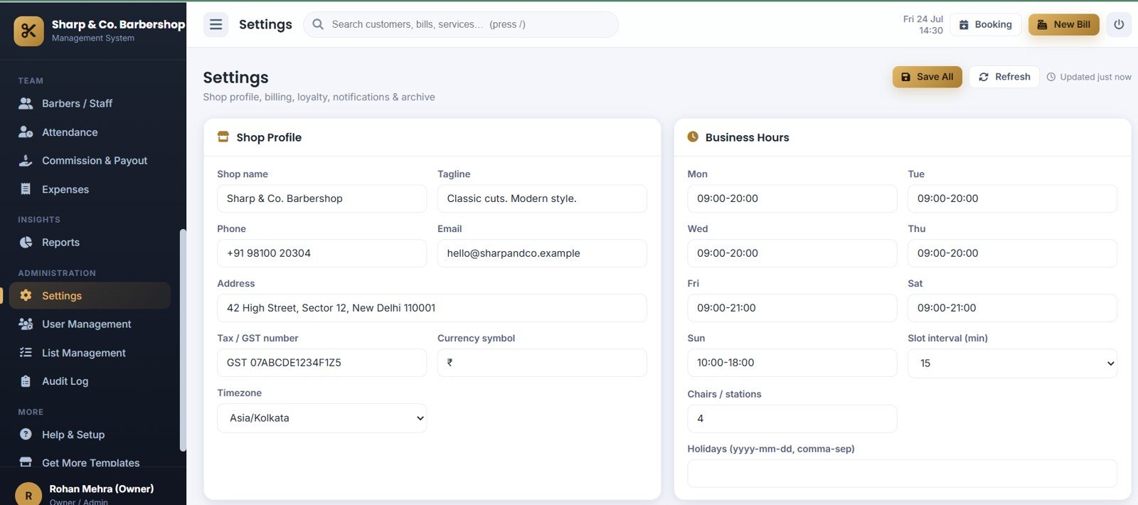 Barbershop Management System Web App - Settings
