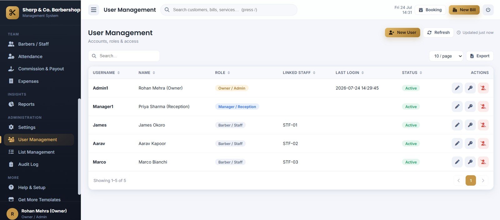 Barbershop Management System Web App - User Management