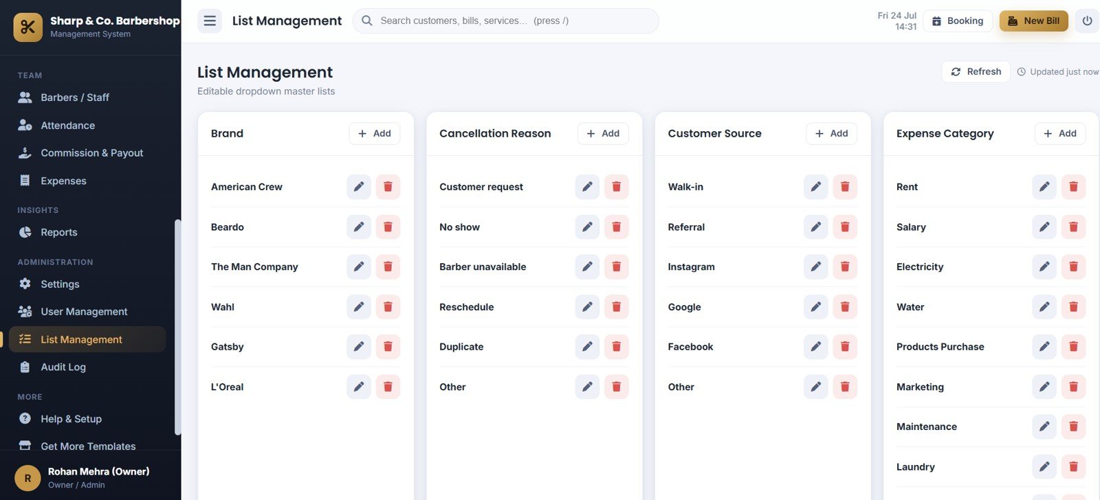 Barbershop Management System Web App - List Management