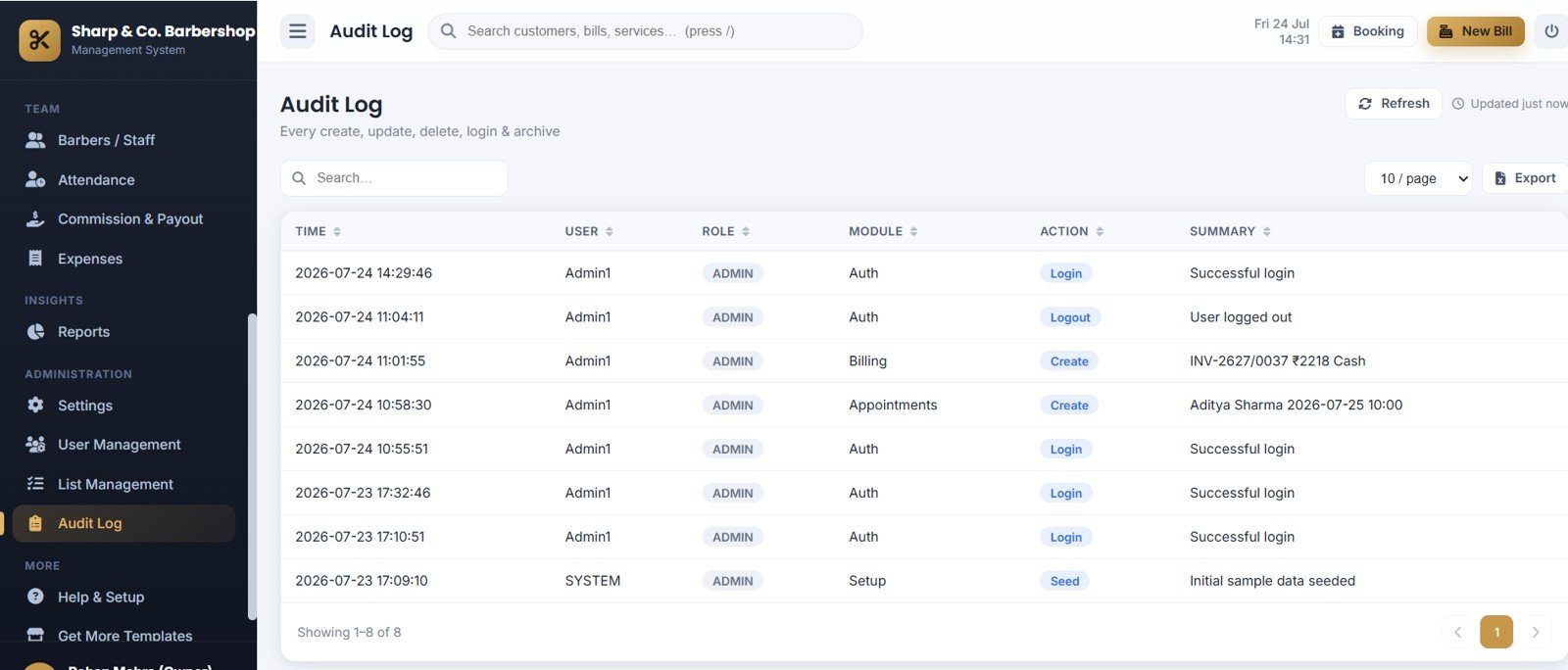 Barbershop Management System Web App - Audit Log