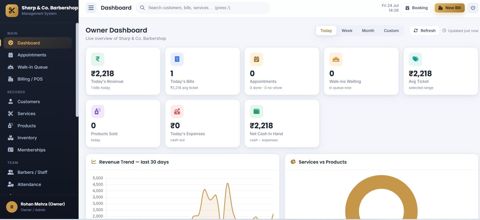 Barbershop Management System Web App - Owner Dashboard