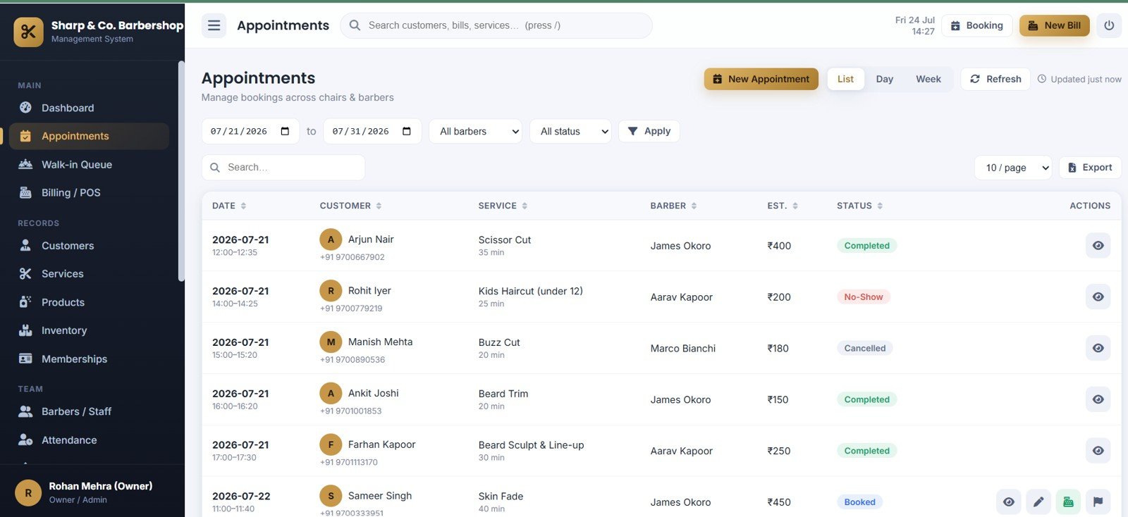 Barbershop Management System Web App - Appointments