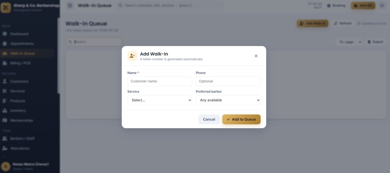 Barbershop Management System Web App - Walk-in Queue