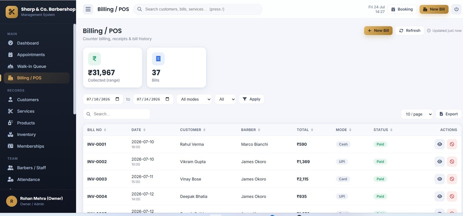 Barbershop Management System Web App - Billing and POS