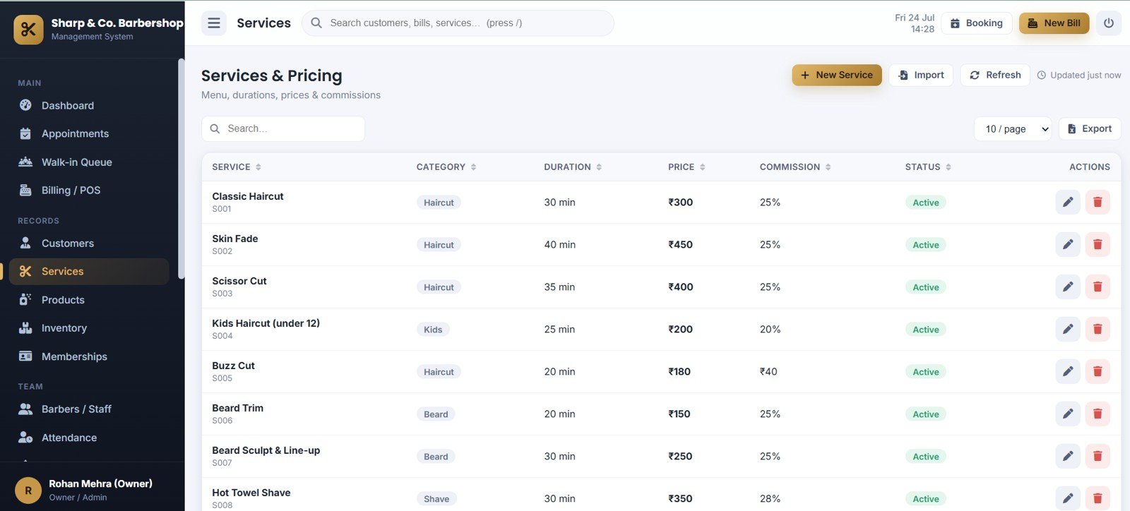 Barbershop Management System Web App - Services and Pricing