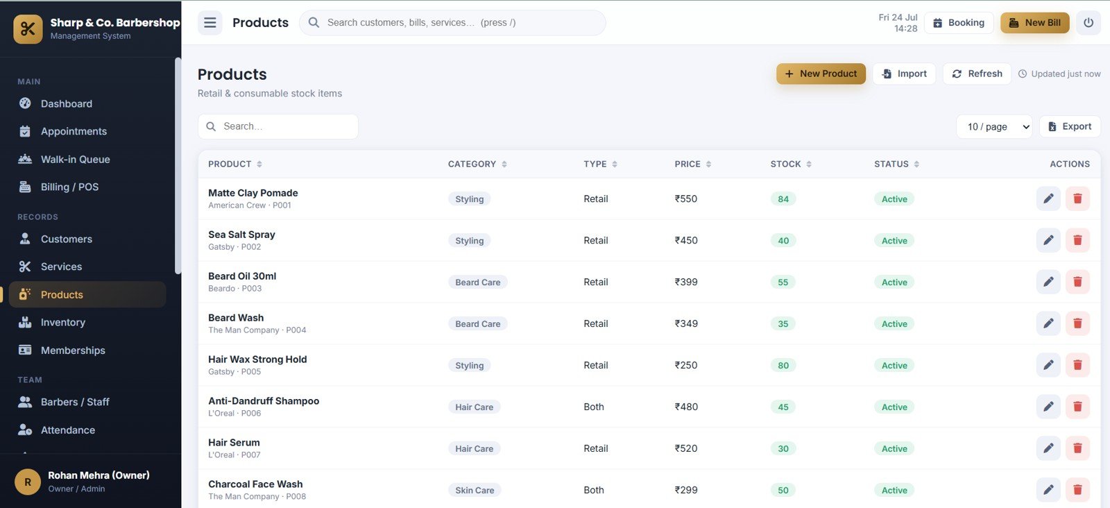 Barbershop Management System Web App - Products