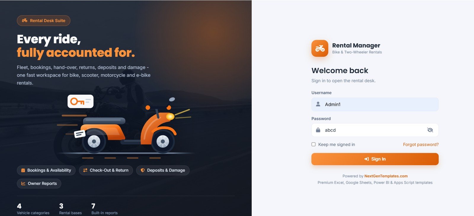 Bike and Two-Wheeler Rental Management System Web App login page