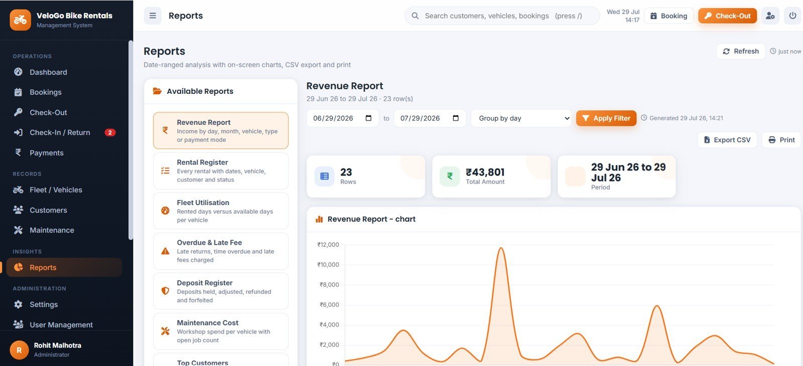 Bike and Two-Wheeler Rental Management System Web App - Reports