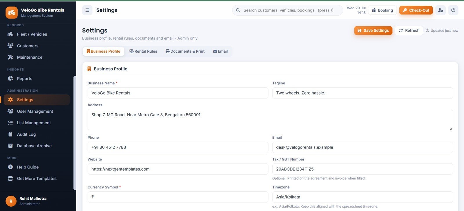 Bike and Two-Wheeler Rental Management System Web App - Settings