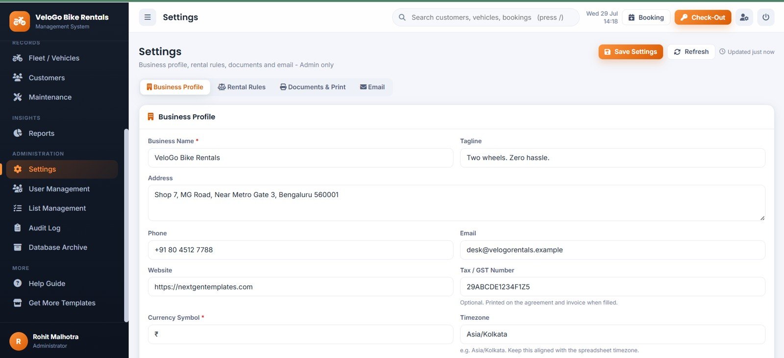 Rental system settings and rental rules
