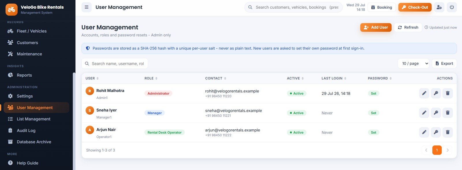 User management with roles and password status